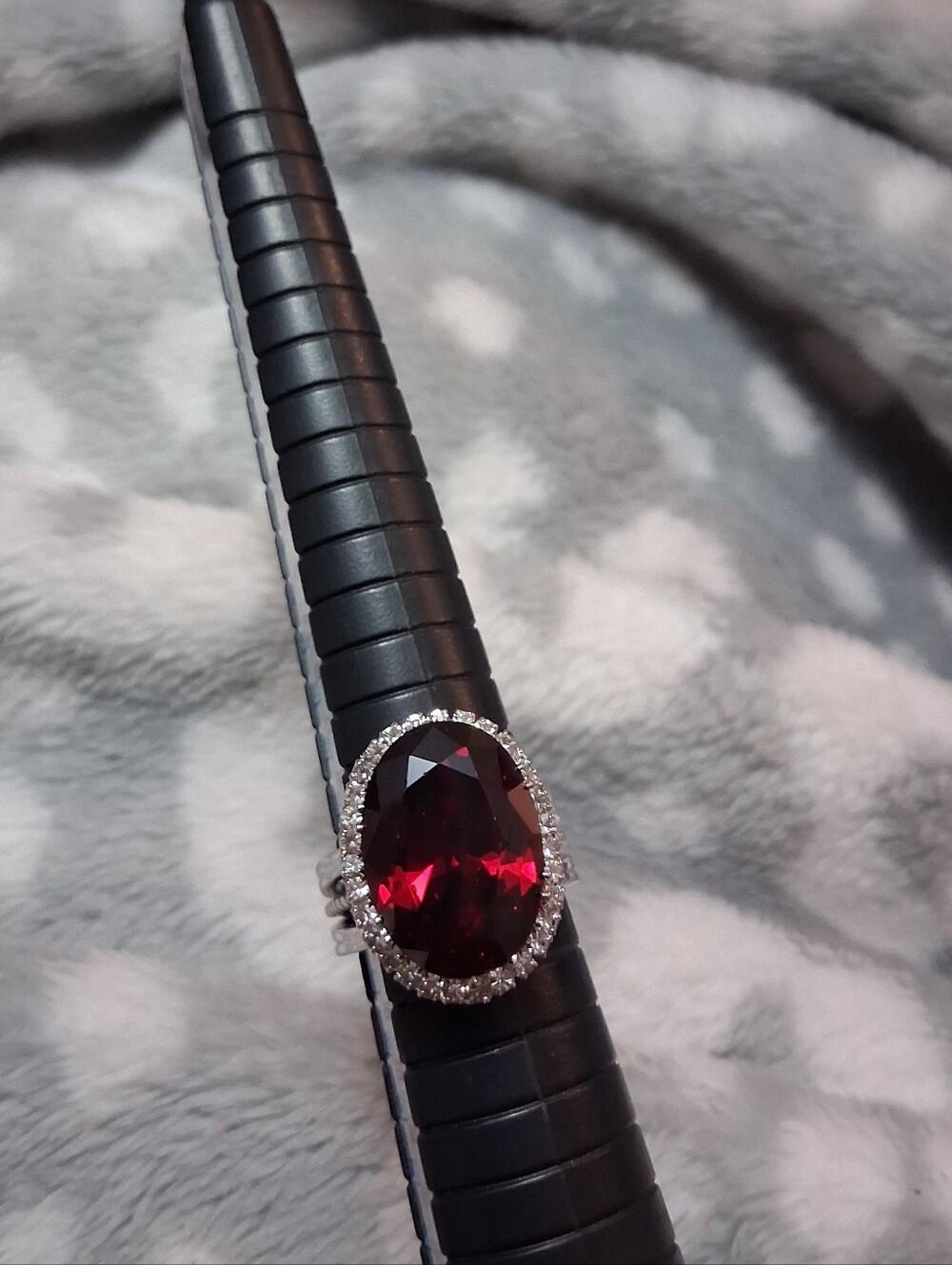 Silver Adjustable Ring with Deep Red Oval Stone - Picture 3 of 9